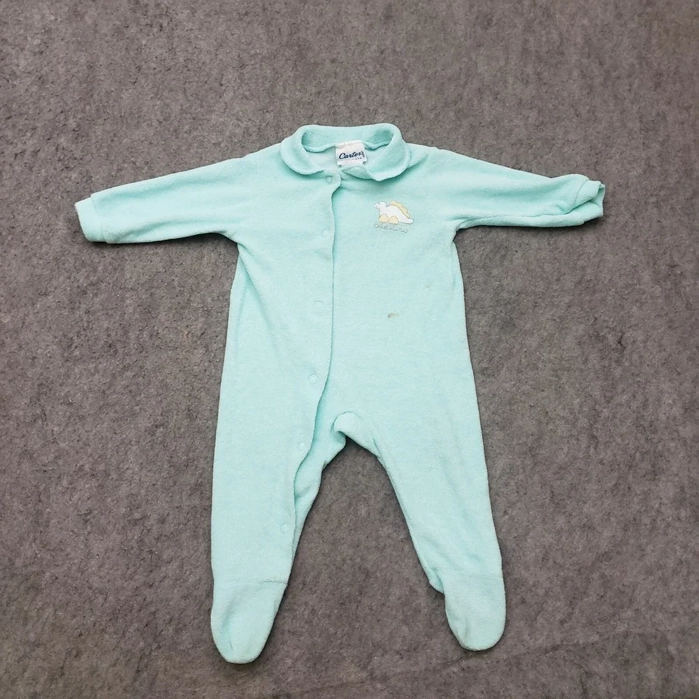 VINTAGE Carters‎ One Piece Baby Boys 0-3M Blue Dinosaurs Button Up Sleeper 90s